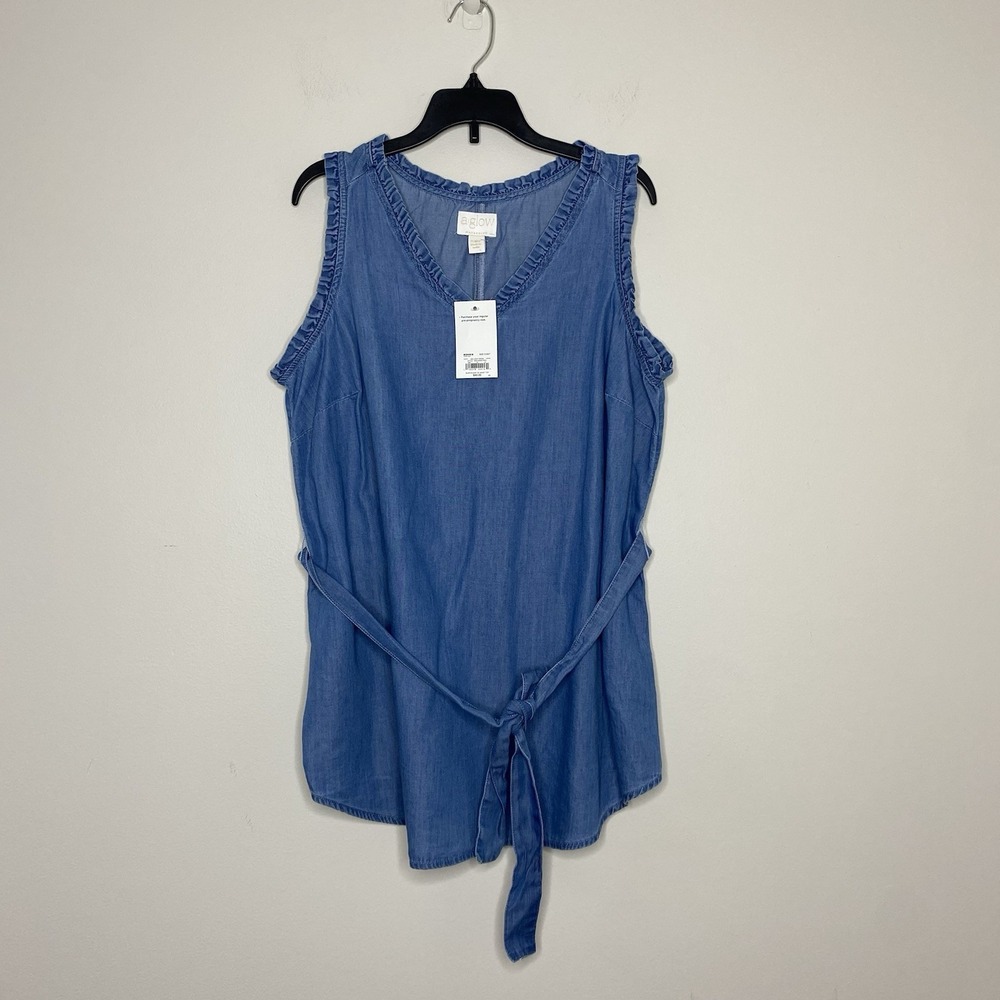 a:glow Maternity Top Size Small Chambray Blue Sleeveless Tie Waist Ruffle V-Neck